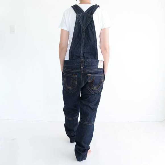 True Religion Dark Wash Blue  100% Cotton Denim Overalls Med - Picture 4 of 15
